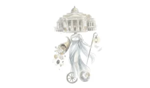 Karikatur abstrak Dewi Fortuna berkepala gedung perpustakaan, simbol keberuntungan bangsa melalui ilmu pengetahuan dan literasi kritis